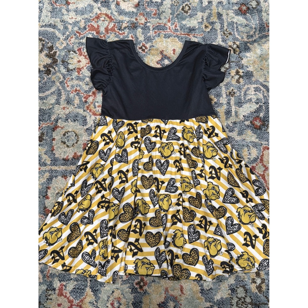 Boutique Bulldogs Dress Girls 7-8 Black Gold Striped Flutter Sleeve